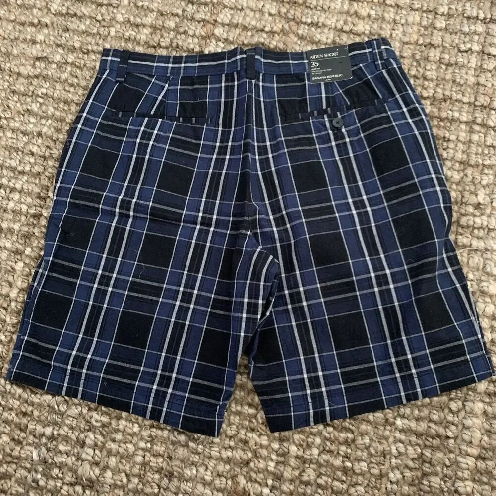 Banana Republic Aiden Short Slim Fit Blue Plaid Flat Front Mens 35 10” Ins NEW